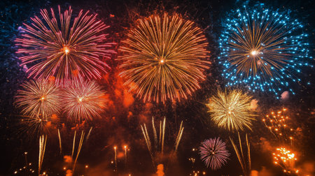 A vibrant array of fireworks bursts in various colors illuminates the night sky, creating a festive atmosphere during a summer celebration, captivating the audience below with its dazzling patterns.の素材