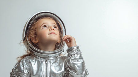 A child dressed in a reflective astronaut suit looks up with wonder, their face illuminated by soft light, embodied dreams of space exploration and adventure.の素材