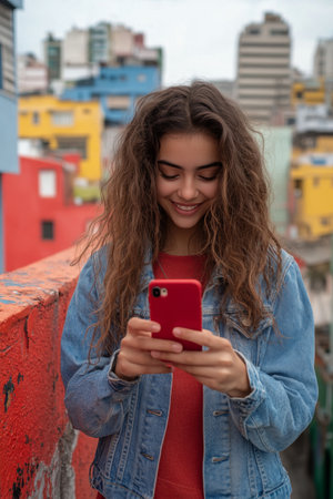A young woman with curly hair smiles while using her smartphone, surrounded by vibrant buildings in an urban landscape. The colorful backdrop adds an artistic touch to the lively atmosphere.の素材