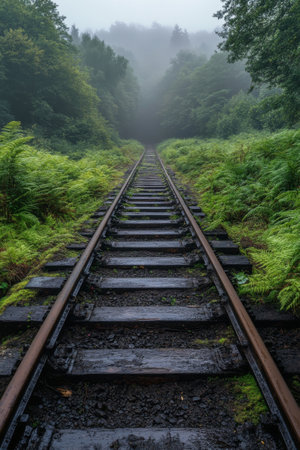 Rain-soaked railway tracks stretch into a foggy forest, flanked by vibrant green ferns, creating a serene and mysterious atmosphere.の素材