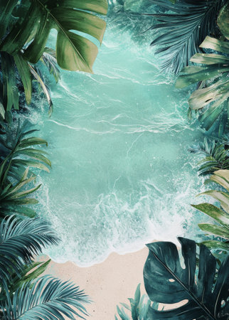 Clear turquoise water gently lapping against a sandy shore, surrounded by vibrant green palm leaves and tropical plants, creating a serene and inviting atmosphere.の素材
