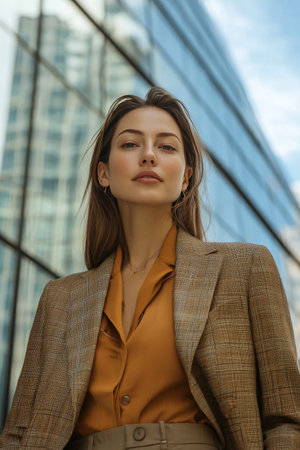 A fashionable woman stands on a bustling Paris street during autumn, wearing glasses and a stylish checked coat, showcasing a confident demeanor against a backdrop of elegant architecture.の素材