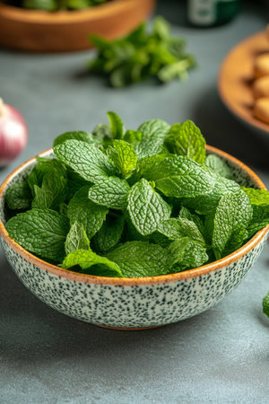 Freshly picked mint leaves are neatly placed on a wooden cutting board, accompanied by a knife. The vibrant green leaves create an appealing display, perfect for culinary uses or garnishing dishes.の素材