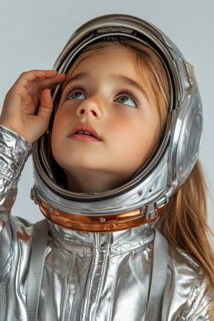 A young child wearing a shiny silver astronaut suit gazes upwards while holding a shiny helmet, evoking a sense of wonder and imagination in an indoor setting.の素材