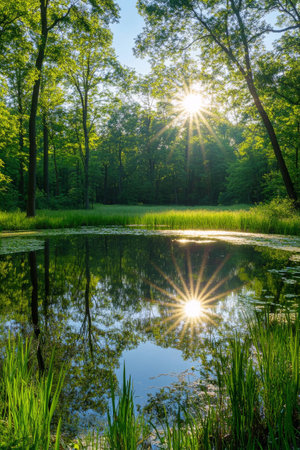 The sun rises above a serene pond, casting reflections on the water's surface while surrounding trees and tall grasses bask in the golden light of morning.の素材