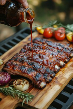 A hand pours rich sauce over perfectly grilled barbecue ribs placed on a wooden board, surrounded by fresh herbs, enhancing the dish's flavor and presentation.の素材