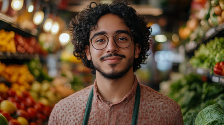 A young man with curly hair stands in a grocery store aisle, looking at colorful vegetables and fruits on the shelves, surrounded by an array of fresh produce in a vibrant market setting.の素材