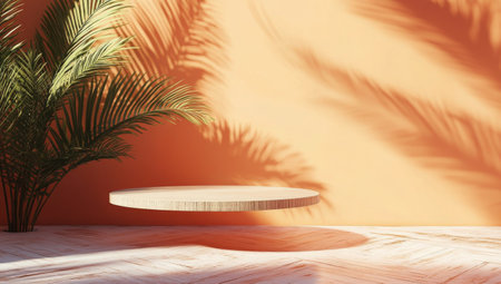 Sunlight streams through palm fronds, creating intricate shadows on a circular wooden table set against a warm-toned wall, evoking a serene and inviting atmosphere.の素材