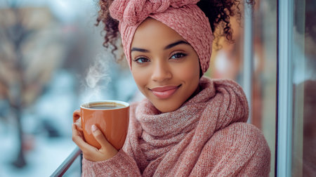 A woman with curly hair and a headband smiles while holding a warm cup of coffee, wrapped in a cozy sweater on a balcony with a wintery backdrop.の素材