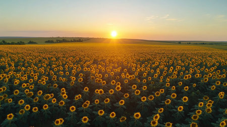A field filled with bright sunflowers stands tall against the backdrop of a setting sun, casting a warm, golden glow across the landscape on a summer evening.の素材
