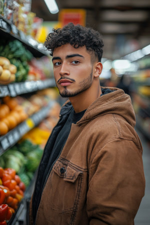 A young man with curly hair stands in a grocery store aisle, casually dressed in a brown jacket, while examining fresh fruits and vegetables on the shelves around him.の素材