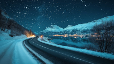 A winding road runs beside a snowy lake, illuminated by distant lights and surrounded by mountains under a star-filled sky at night.の素材
