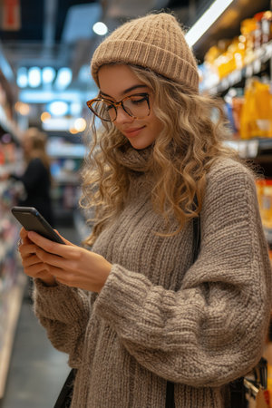 A young woman stands in a supermarket, checking her smartphone as she browses through a colorful display of fresh produce. She wears stylish glasses and a black jacket, focused on her task.の素材
