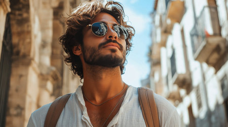 A young man strolls confidently through a charming, sunlit street lined with historic buildings, wearing sunglasses and a casual outfit, enjoying the vibrant atmosphere around him.の素材