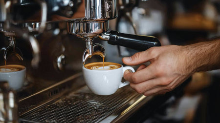 A skilled barista focuses intently on preparing a perfect espresso while surrounded by the warm glow of a vibrant coffee shop in the evening hours.の素材