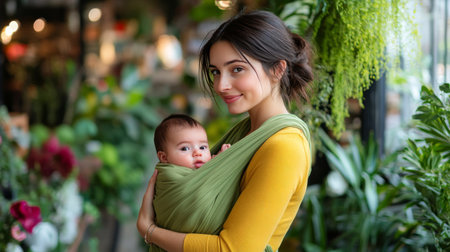 A woman with curly hair gently holds her sleeping infant close, both appearing relaxed and peaceful, against a soothing turquoise backdrop.の素材