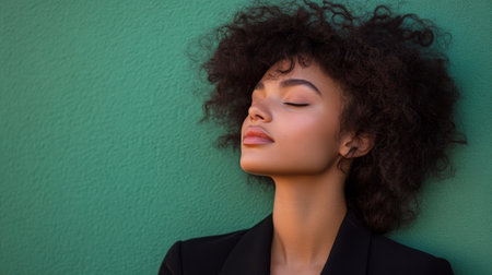 A young woman with beautiful curly hair poses elegantly with her eyes closed, leaning against a green wall. The soft light highlights her features, creating a serene and captivating moment.の素材