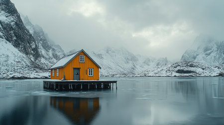 A bright orange cabin stands alone on a tranquil lake, reflecting in the still water. Snow-covered mountains loom in the background under a cloudy sky, creating a serene and picturesque winter landscape.の素材