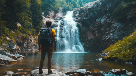 A person stands on rocks by a tranquil lake, gazing at a beautiful waterfall cascading down into the clear water beneath golden autumn trees.の素材