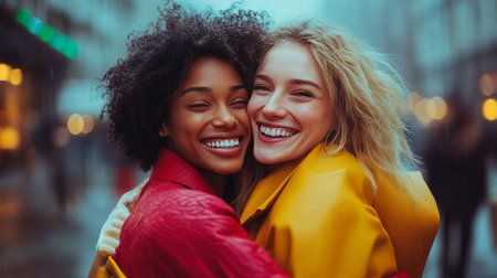 Two women share a warm, joyful hug in a lively city street filled with people and colorful lights, showing their friendship and happiness.の素材