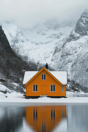 A solitary orange cabin rests on a frozen lake, framed by towering snow-covered mountains and a forest of evergreen trees under a cloudy winter sky.の素材
