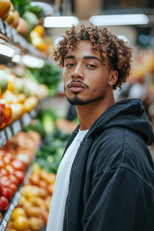 A young man with curly hair stands in a grocery store aisle, casually dressed in a brown jacket, while examining fresh fruits and vegetables on the shelves around him.の素材