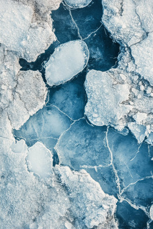 The surface of a frozen lake features intricate patterns of ice, with some areas cracked and showing deep blue water beneath. The cold weather highlights the delicate structures formed by nature in winter.の素材