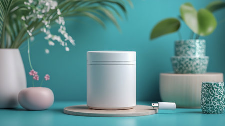 A compact power hub with various charging cables attached, set against a vibrant blue background. The hub features multiple ports, making it easy to connect devices for efficient charging.の素材