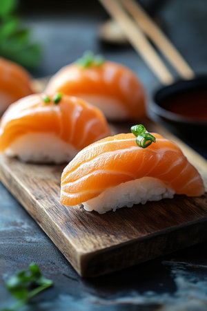 Succulent pieces of fresh salmon adorn a wooden platter, each resting on a delicate bed of sushi rice. A small bowl of dipping sauce sits alongside, adding to the appetizing presentation.の素材