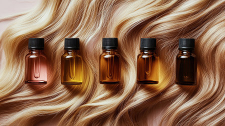 Three amber bottles of natural oils rest on a womans wavy, blonde hair, surrounded by lush greenery and vibrant flowers, creating a tranquil, nature-inspired atmosphere.の素材