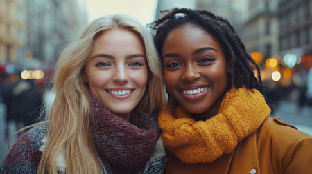 Two friends pose close together, smiling warmly at the camera, with a lively urban backdrop filled with shops and bright street lights.の素材
