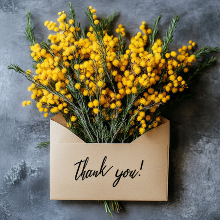 A vibrant bouquet of yellow flowers is arranged beautifully in a brown envelope, which features a handwritten note saying thank you, all set against a soft textured background.の素材