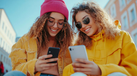 Two friends dressed in warm winter clothing smile as they share a moment together, looking at a smartphone in a bustling city street filled with soft morning light.の素材