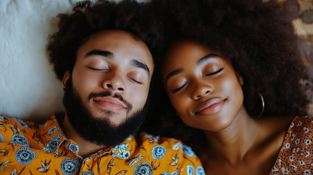 A couple is peacefully resting on a couch, enjoying each other's company. They wear matching sweaters, exuding warmth and affection as they share a quiet moment in a cozy, dimly lit room.の素材