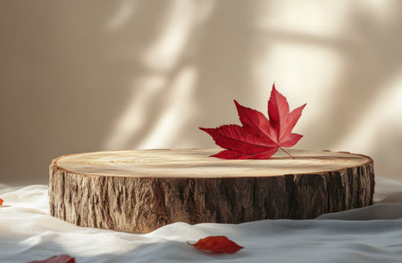 A wooden platform displays vibrant red autumn leaves scattered around, with a single leaf positioned on top. Soft shadows create a warm atmosphere, highlighting the natural textures and colors.の素材