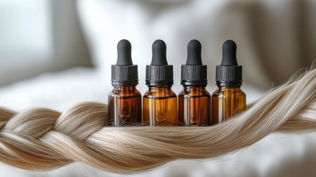 Three amber bottles of natural oils rest on a womans wavy, blonde hair, surrounded by lush greenery and vibrant flowers, creating a tranquil, nature-inspired atmosphere.の素材