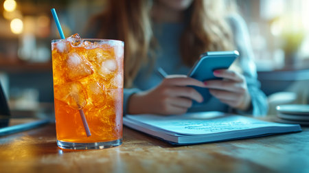 A young woman with curly hair sits at a wooden table in a cozy cafe, focused on her smartphone. A glass filled with iced tea rests beside her, adding to the relaxed atmosphere.の素材
