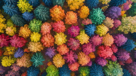 A stunning aerial view showcases a diverse mix of trees displaying brilliant autumn colors, ranging from deep red to bright yellow, all enveloped in a soft blanket of morning mist.の素材