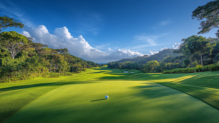 A serene golf course stretches into the distance, framed by lush trees and vibrant grass. The blue sky with fluffy clouds enhances the peaceful atmosphere of the setting.の素材