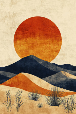 A warm sunset casts vibrant orange and red hues over gentle hills adorned with delicate wildflowers, creating a tranquil and picturesque landscape filled with natural beauty.の素材