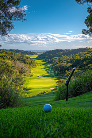 A pristine golf course stretches across a green valley with rolling hills, framed by tall trees under a clear blue sky. A white golf ball rests on the grass, ready for the next shot.の素材