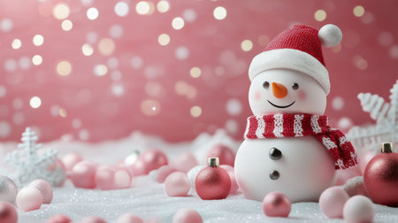 A cheerful snowman with a red hat and striped scarf sits amidst pink decorations and soft lights, creating a festive atmosphere perfect for winter celebrations.の素材
