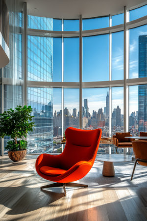 A vibrant red chair sits elegantly in a contemporary high-rise, surrounded by large windows that offer a panoramic view of the city skyline filled with skyscrapers and a clear blue sky.の素材