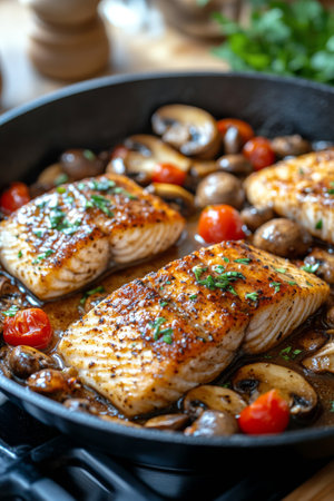 Salmon fillets are searing in a skillet with sauteed mushrooms and cherry tomatoes, garnished with herbs. The warm kitchen setting highlights the vibrant colors and textures of the dish.の素材