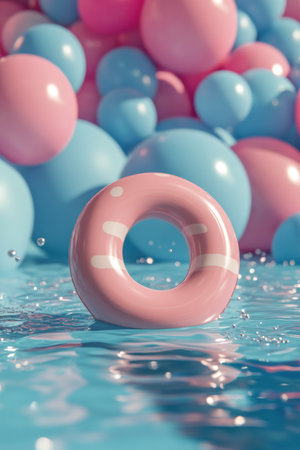 Brightly colored lanterns dangle from the ceiling above a serene water surface reflecting their hues, creating a peaceful and inviting atmosphere with soft clouds accentuating the scene.の素材