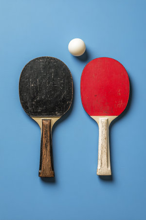 A black and red tennis table paddle are positioned beside a white ping pong ball on a vibrant blue backdrop, highlighting the equipment used for the fast-paced sport.の素材