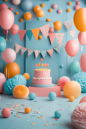 A cluster of colorful balloons with confetti scattered around them creates a festive atmosphere on a bright blue background, perfect for parties and joyful occasions.の素材