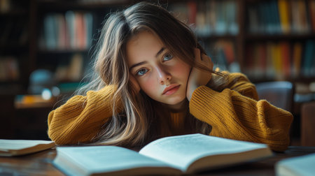 A young woman with wavy hair sits at a wooden table, looking thoughtfully at an open book in a quiet library. Warm light illuminates her surroundings, highlighting the shelves filled with books.の素材