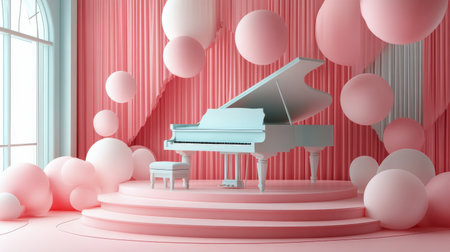 A beautiful white grand piano is gracefully placed on a pink platform, surrounded by large pastel spheres in a chic interior space featuring soft lighting and a contemporary design.の素材