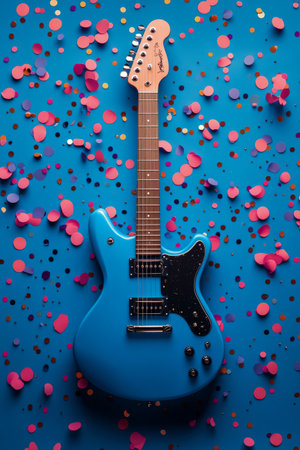 A vibrant pink electric guitar is positioned against a bright blue backdrop, surrounded by an array of colorful balloons and shiny confetti, creating a cheerful and festive atmosphere.の素材